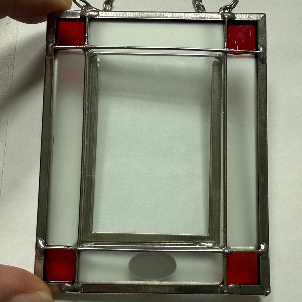 Tiny Hanging Red and Clear Glass Frame Ornament with Hanging Chain